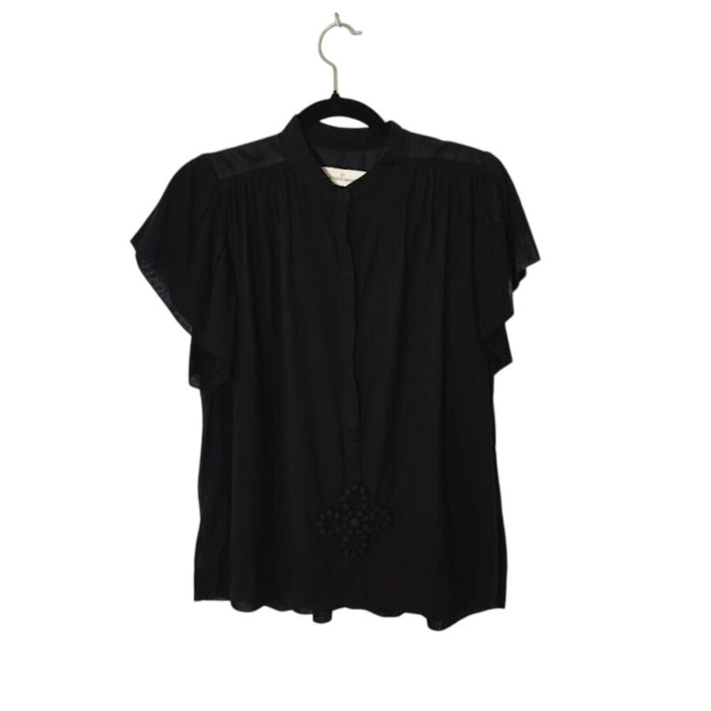 by Malene Birger Embroidered Top Size 34 Black Semi Sheer Flutter Sleeve Chic